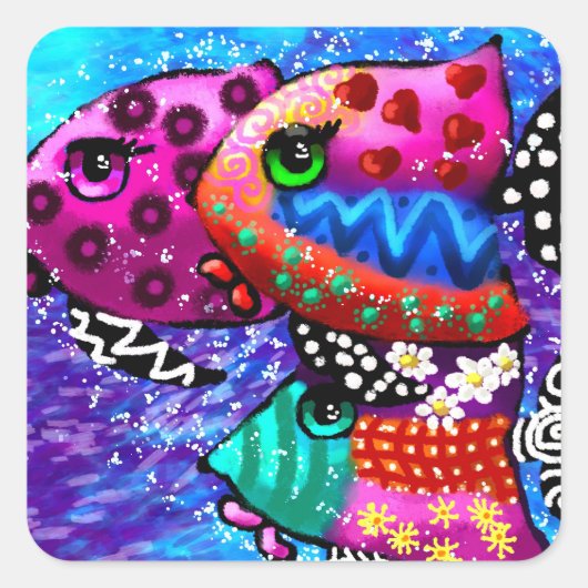 Whimsical Fish Trio Kleurrijk Abstract Nautisch Vierkante Sticker (Voorkant)