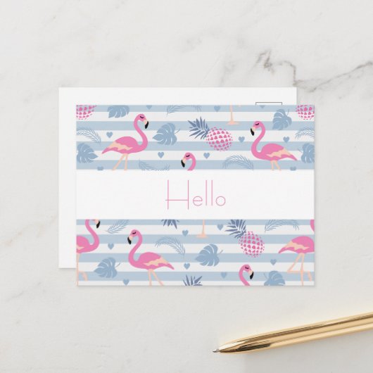 Whimsical Flamingo & Pineapple Pattern Hallo Briefkaart (Voorkant / Achterkant in situ)