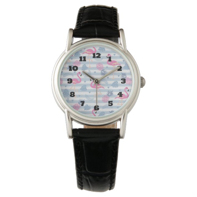 Whimsical Flamingo & Pineapple Pattern Horloge (Voorkant)