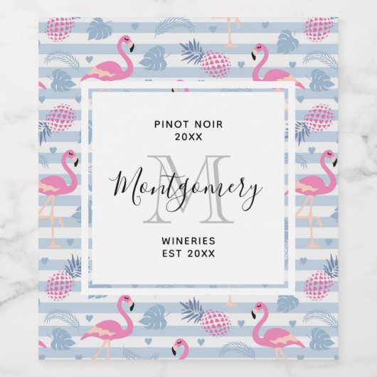 Whimsical Flamingo & Pineapple Pattern Making Wijn Etiket (Enkel label)