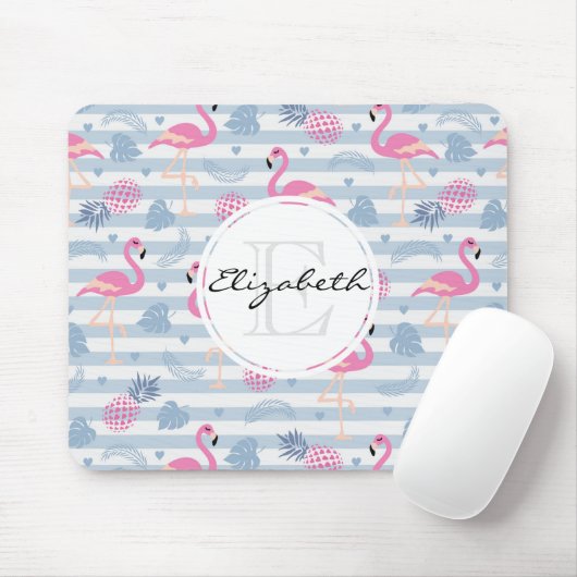 Whimsical Flamingo & Pineapple Pattern Monogram Muismat (Met muis)