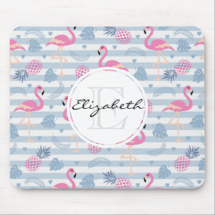 Whimsical Flamingo & Pineapple Pattern Monogram Muismat