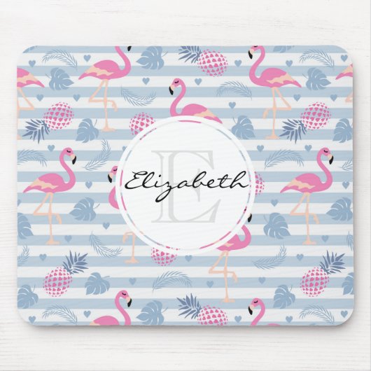 Whimsical Flamingo & Pineapple Pattern Monogram Muismat (Voorkant)