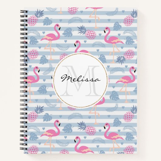Whimsical Flamingo & Pineapple Pattern Monogram Notitieboek (Voorkant)