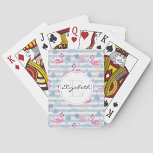Whimsical Flamingo & Pineapple Pattern Monogram Pokerkaarten