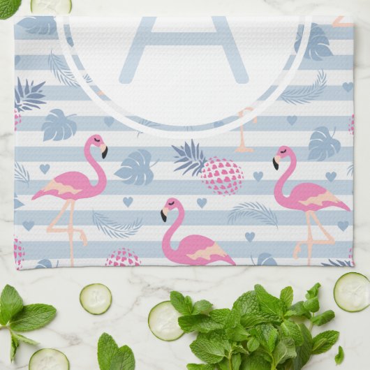 Whimsical Flamingo & Pineapple Pattern Monogram Theedoek (Gevouwen)
