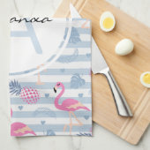 Whimsical Flamingo & Pineapple Pattern Monogram Theedoek (Quarter Fold)
