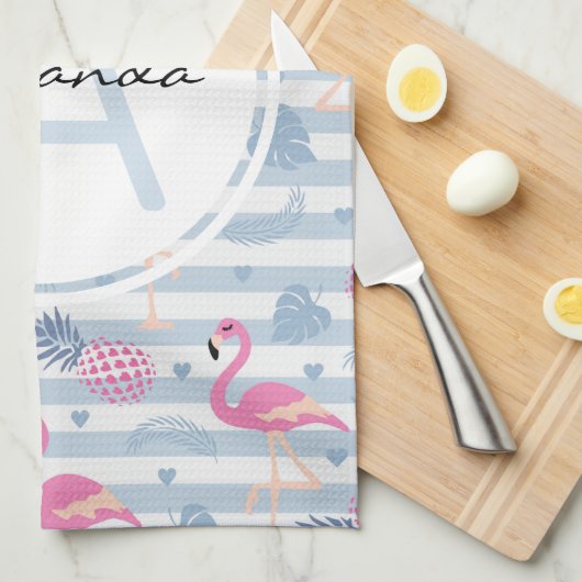 Whimsical Flamingo & Pineapple Pattern Monogram Theedoek (Quarter Fold)