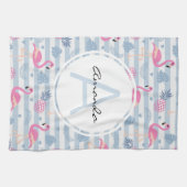 Whimsical Flamingo & Pineapple Pattern Monogram Theedoek (Horizontaal)
