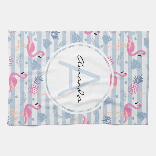 Whimsical Flamingo & Pineapple Pattern Monogram Theedoek (Horizontaal)