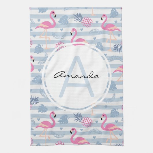 Whimsical Flamingo & Pineapple Pattern Monogram Theedoek (Verticaal)