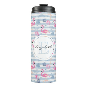 Whimsical Flamingo & Pineapple Pattern Monogram Thermosbeker