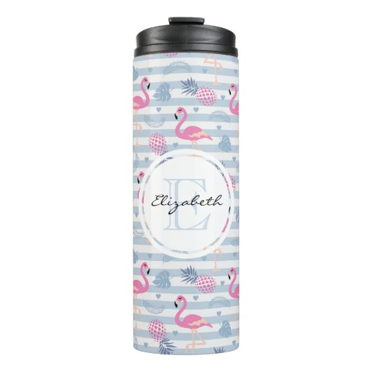 Whimsical Flamingo & Pineapple Pattern Monogram Thermosbeker (Voorkant)