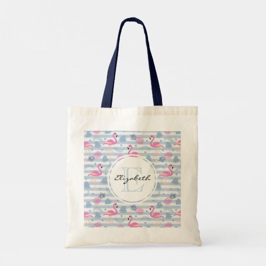 Whimsical Flamingo & Pineapple Pattern Monogram Tote Bag (Achterkant)