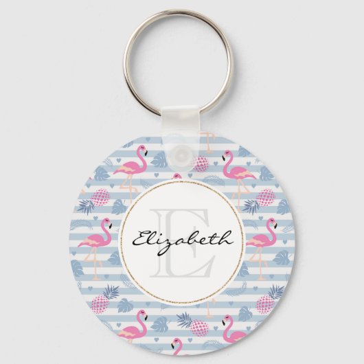 Whimsical Flamingo & Pineapple Pattern Sleutelhanger (Voorkant)