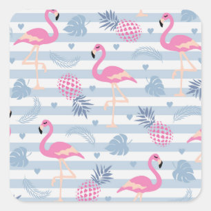 Whimsical Flamingo & Pineapple Pattern Vierkante Sticker