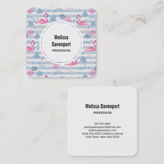 Whimsical Flamingo & Pineapple Pattern Vierkante Visitekaartje (Voorkant / Achterkant)