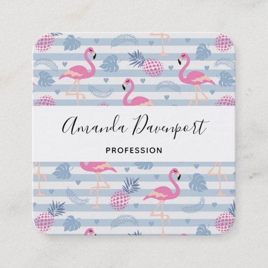 Whimsical Flamingo & Pineapple Pattern Vierkante Visitekaartje (Voorkant)