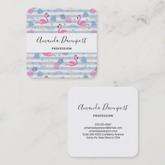 Whimsical Flamingo & Pineapple Pattern Vierkante Visitekaartje (Voorkant / Achterkant)