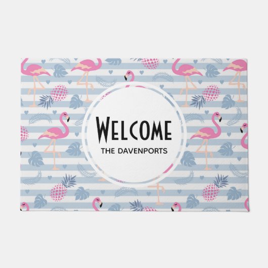 Whimsical Flamingo & Pineapple Pattern Welcome Deurmat (Voorkant)