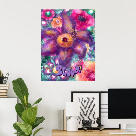 Whimsical Floral Abstract Art Teal Personalized Poster