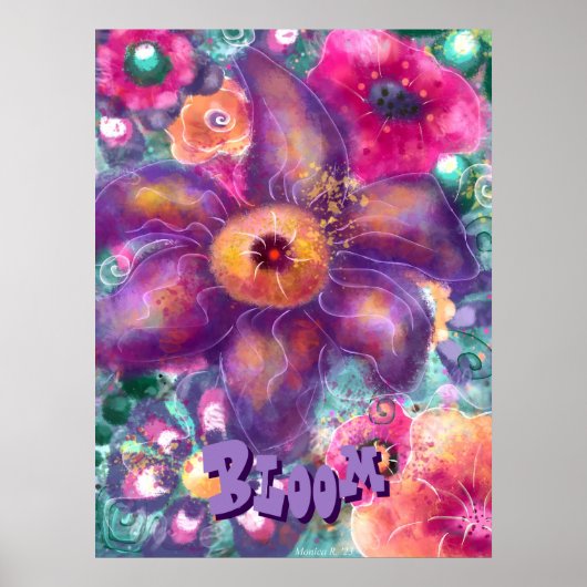 Whimsical Floral Abstract Art Teal Personalized Poster (Voorkant)