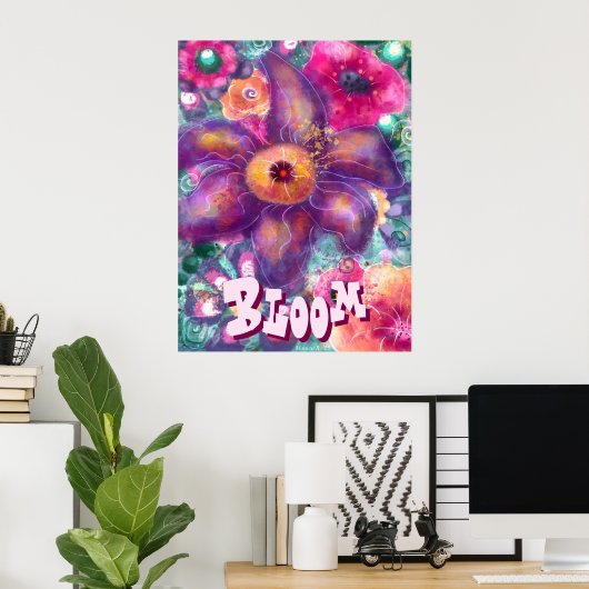 Whimsical Floral Abstract Art Teal Personalized Poster (Thuiskantoor)