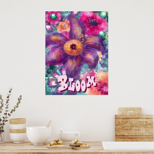 Whimsical Floral Abstract Art Teal Personalized Poster (Keuken)