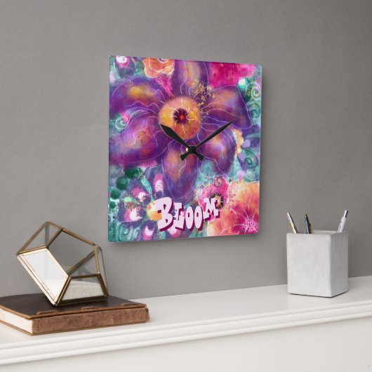 Whimsical Floral Abstract Art Teal Personalized  Vierkante Klok (Kantoor)