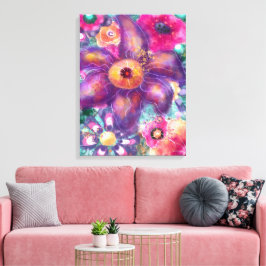 Whimsical Floral Abstract Art Teal Purple Pink Canvas Afdruk