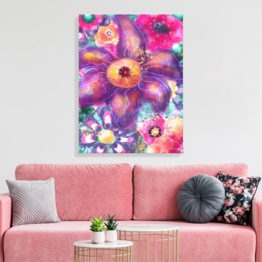 Whimsical Floral Abstract Art Teal Purple Pink Canvas Afdruk (Insitu (Woonkamer))