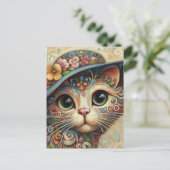 Whimsical Floral Abstract Kitty Cat met Pet Briefkaart (Staand voorkant)