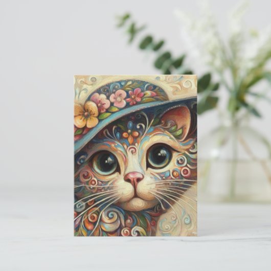 Whimsical Floral Abstract Kitty Cat met Pet Briefkaart (Staand voorkant)