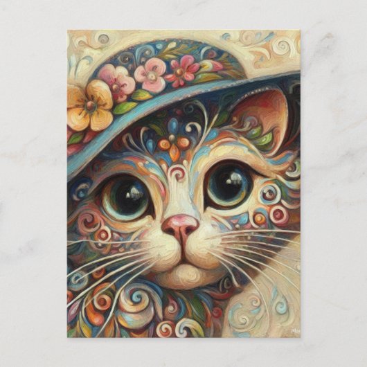 Whimsical Floral Abstract Kitty Cat met Pet Briefkaart (Voorkant)