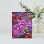 Whimsical Floral Abstract Roze Rood Paarse Blauwgr Briefkaart (Staand voorkant)