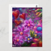 Whimsical Floral Abstract Roze Rood Paarse Blauwgr Briefkaart (Voorkant / Achterkant)