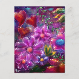 Whimsical Floral Abstract Roze Rood Paarse Blauwgr Briefkaart