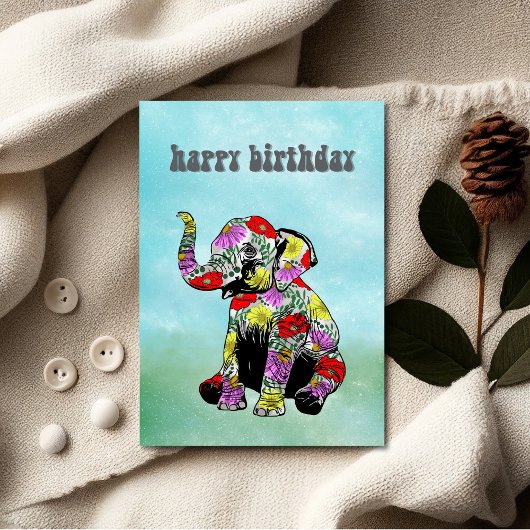 Whimsical Floral Baby Elephant Birthday Card Kaart