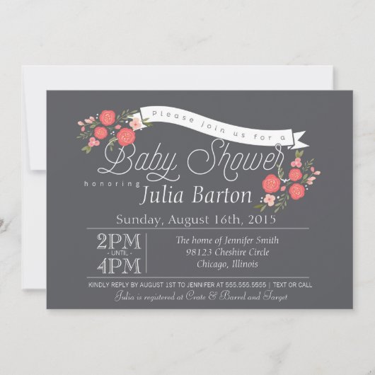 Whimsical Floral Baby shower Invitation, Rosey Kaart (Voorkant)