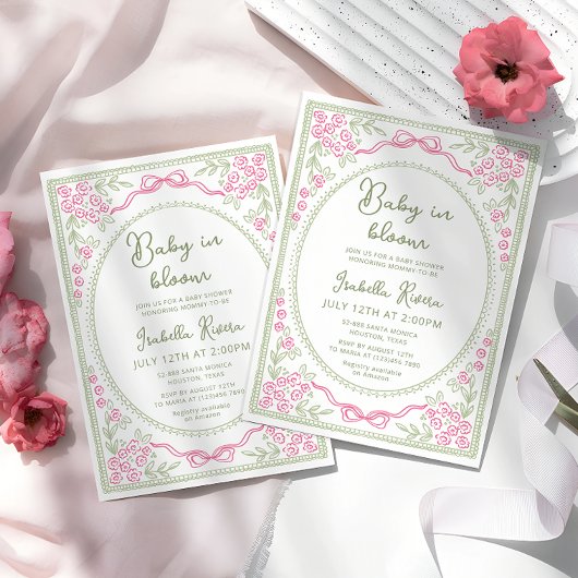 Whimsical Floral Baby Shower Pink and Green Kaart