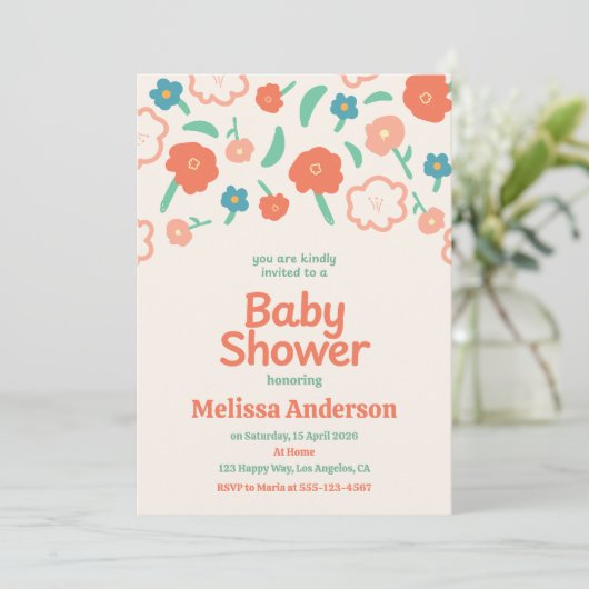 Whimsical Floral Baby shower Uitnodiging voor Meis (Staand voorkant)