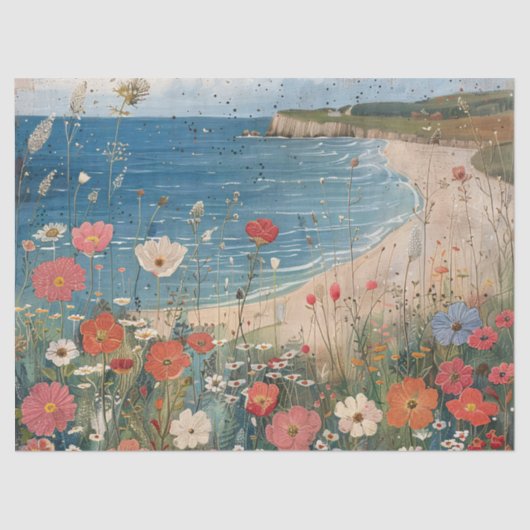 Whimsical Floral Beach Schilderij Rustieke Decoupa Tissuepapier (Voorkant)