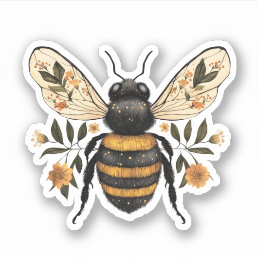 Whimsical Floral Bee Vinyl Sticker (Voorkant)