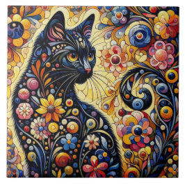 Whimsical Floral Black Cat Kat Geel Blauw Tegeltje