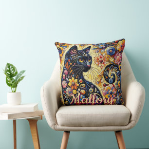 Whimsical Floral Black Cat Kat gepersonaliseerd Kussen