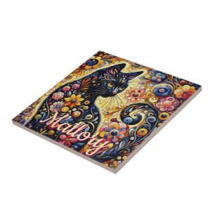 Whimsical Floral Black Cat Kat gepersonaliseerd Tegeltje