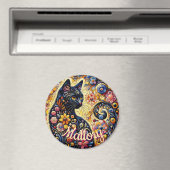 Whimsical Floral Black Cat Kitty Personalized Magneet (Insitu (Vaatwasser))
