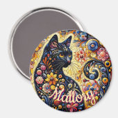 Whimsical Floral Black Cat Kitty Personalized Magneet (Voorkant / Achterkant)