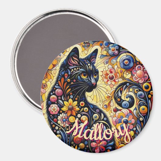 Whimsical Floral Black Cat Kitty Personalized Magneet (Voorkant / Achterkant)