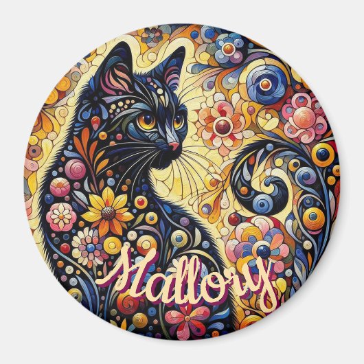 Whimsical Floral Black Cat Kitty Personalized Magneet (Voorkant)